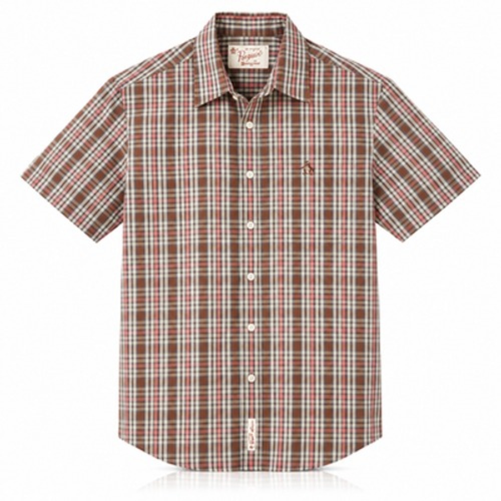 Original Penguin Mens M Brown Plaid Short Sleeve Button Up Shirt Logo